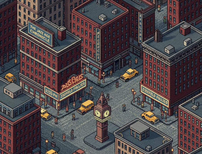 Pixel art isometric view of a bustling 1920s New York City street with brown brick buildings, yellow Model T cars, and a central clock tower.
