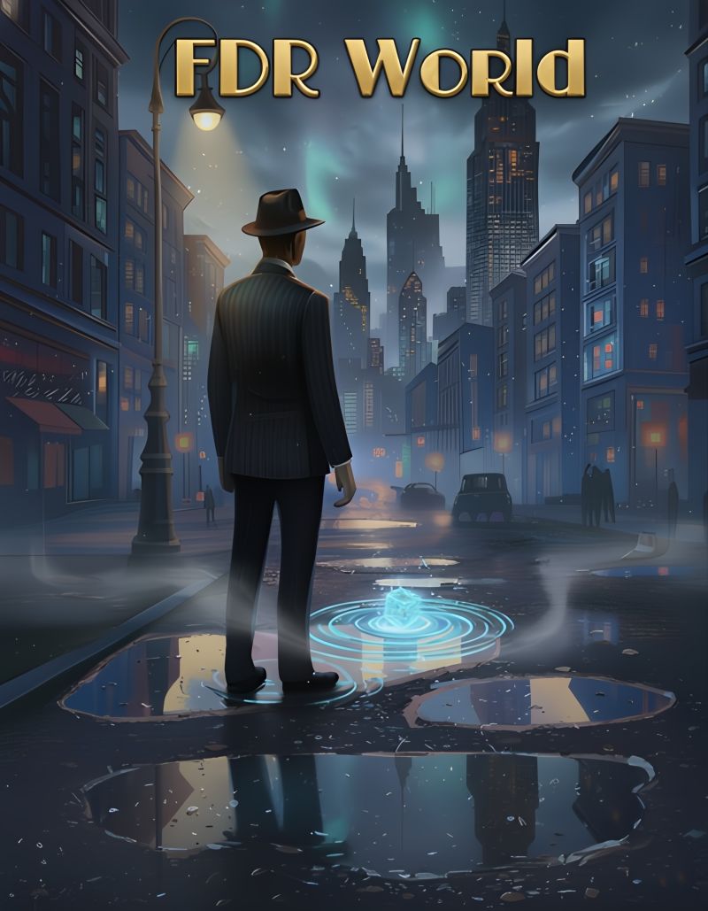 Cinematic illustration of a man in a fedora staring at the glowing Crystalline Cube on a rainy, 1920s city street.